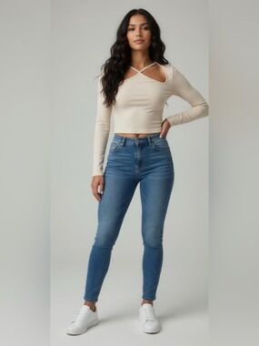 Lush Beige Ribbed Long Sleeve Top with Cross-Neck